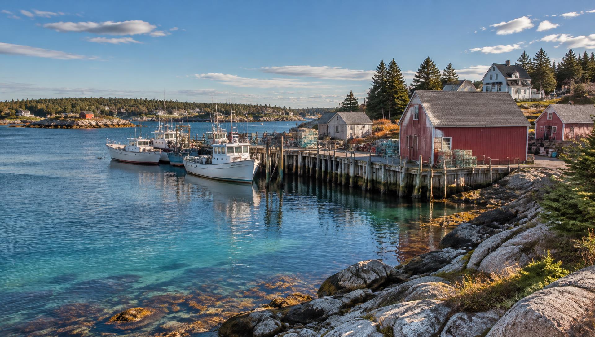 Fishing boats and colourful waterfront buildings along a Nova Scotia-inspired working harbour